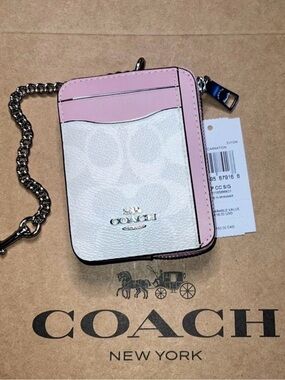 COACH Zip Card Case Cardholder Wallet Chalk & Carnation with Silver Hardware NWT